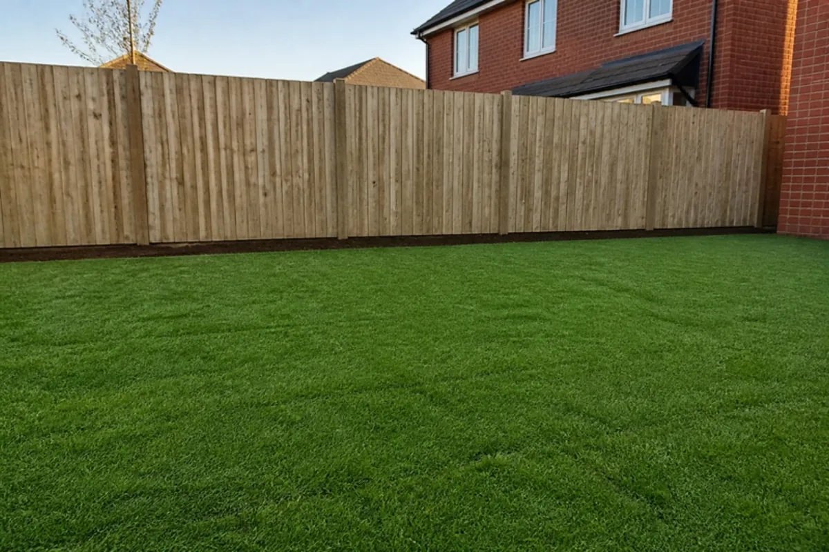 New closeboard fence along a new-build back garden with a lawn in front