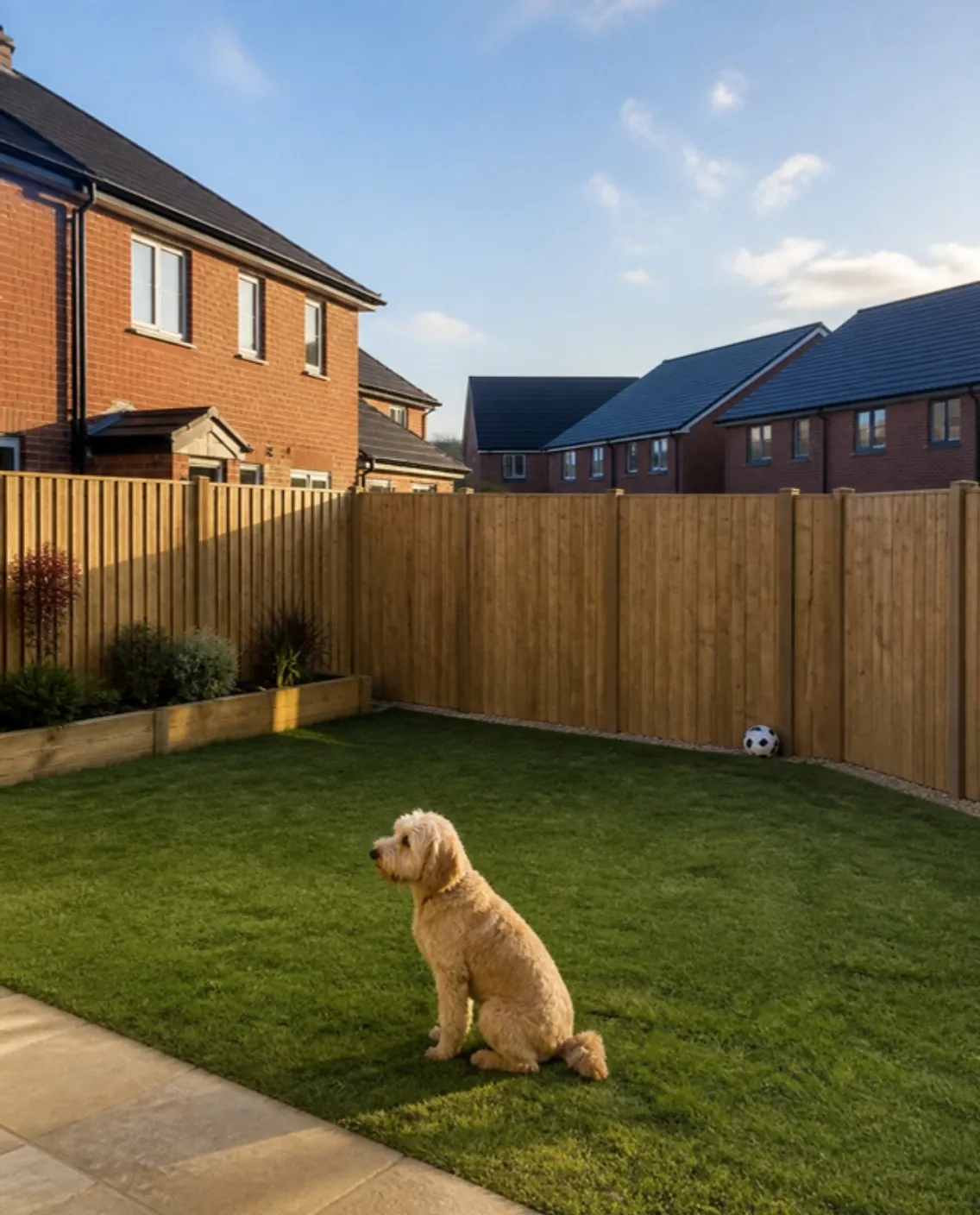 Dog sitting on the lawn of a garden enclosed by a closeboard fence