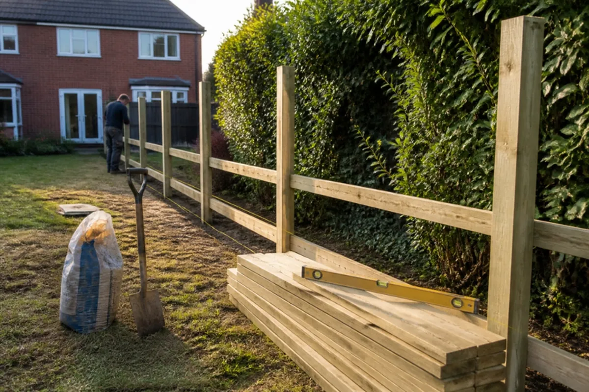 Fence posts set on a string line with rails fixed and boards stacked ready to go on