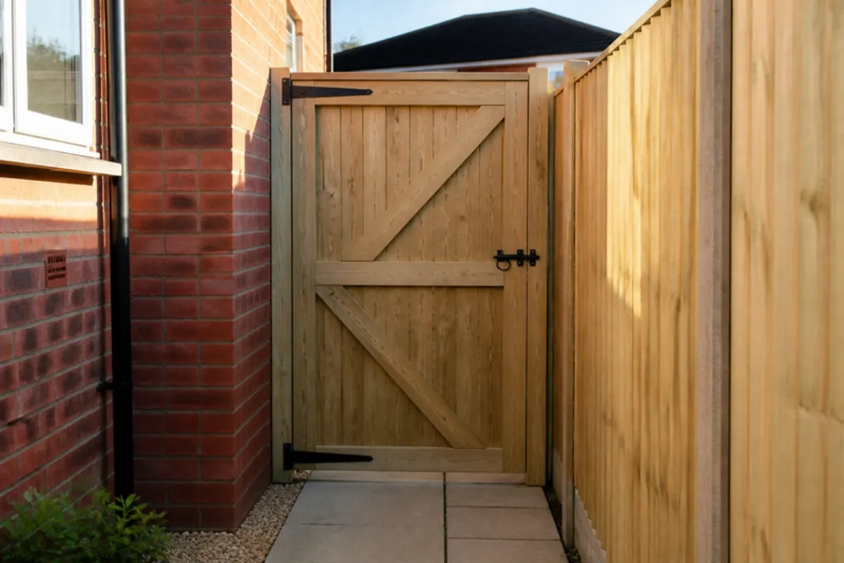 Timber side gate with black hinges and latch between a brick house and a closeboard fence